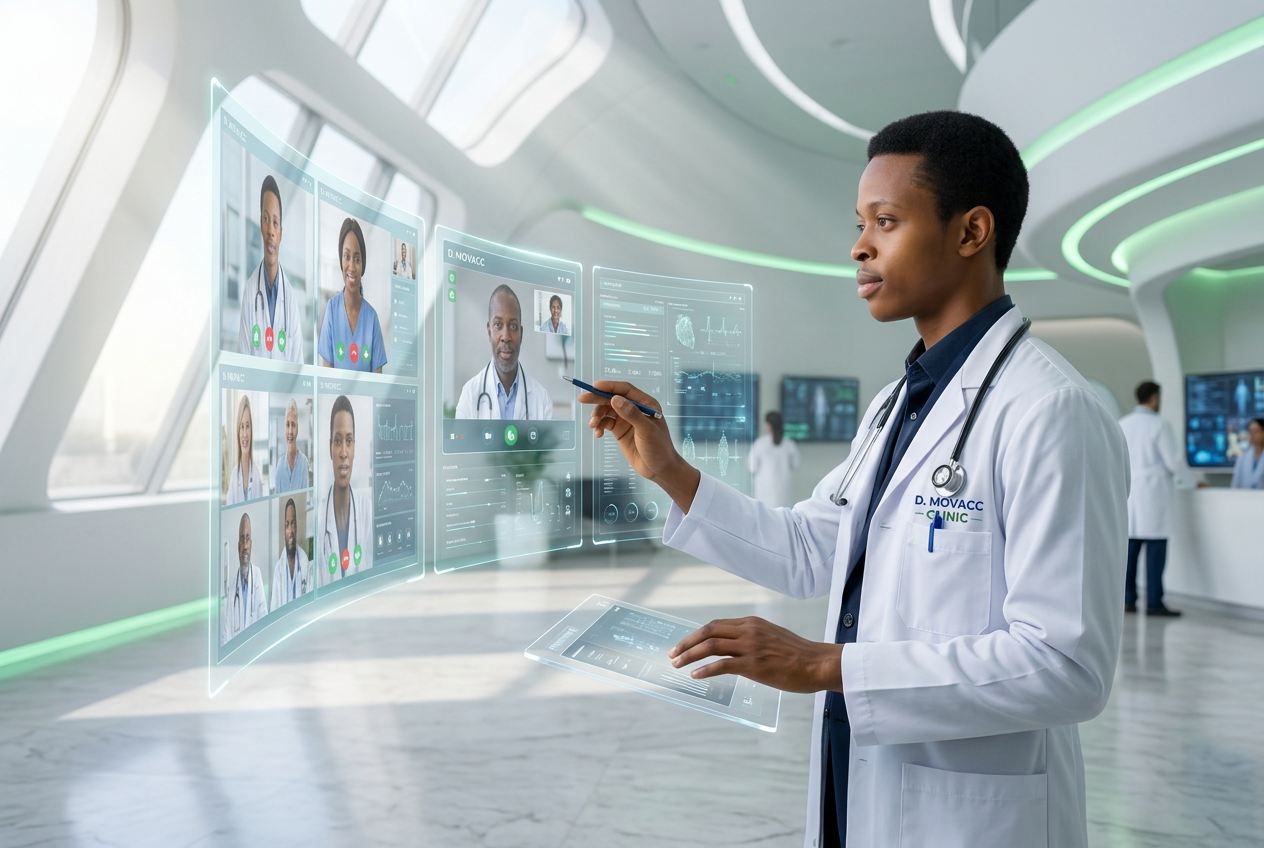 D.MOVACC CLIINIC doctor reviewing patient records on a digital care dashboard